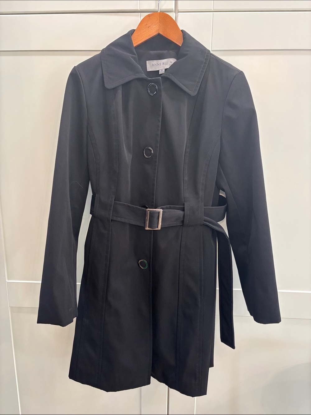 Anne Klein Black Belted Trench Coat with Classic Collar
